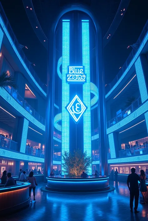  Create a nightclub with a two-story “Blue Zone” sign , that has cool-toned screens and lights 