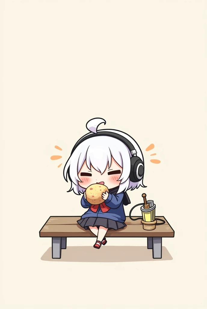 Role of a white-haired girl eating lump with a headset, a sword and smiling on a bench.
Cute cartoon style