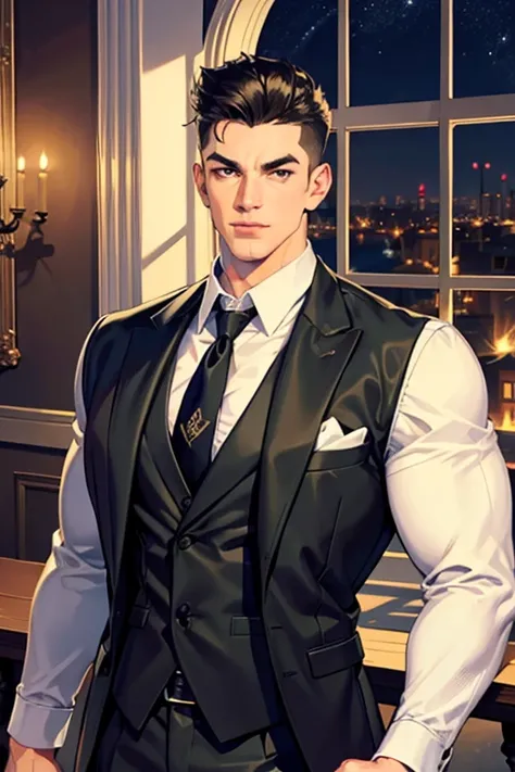 (absurdres, highres, ultra detailed), (1 male, solo, adult, mature:1.4, aged up:1.4, old age, tall muscular guy, broad shoulders, handsome), very short hair, black hair, pomade, brown eyes, (angular jaw:1.4, thick neck:1.4, thick eyebrows:1.4), BREAK, nigh...