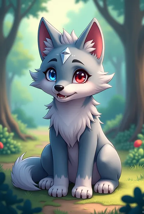 a gray wolf pup fursuit, male, one blue eye, one red eye with silve star/diamond marking on forehead, pointed markings on paws with four visable canine teeth, sitting in a forest background cartoon, anime style. 