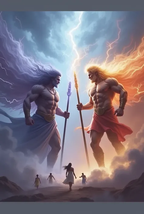 Two colossal ancient Titans fire and ice from Greek mythology engage in a monumental struggle. On the left is a towering figure shrouded in shimmering blue, holding a staff crackling with intense blue lightning, standing firm against the fiery red and gold...