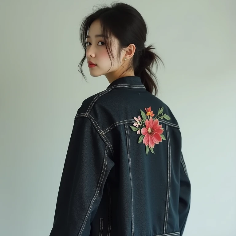 Beautiful sexy korean girl standing alone,Wear a dark denim jacket,The back of the shirt is a floral logo.