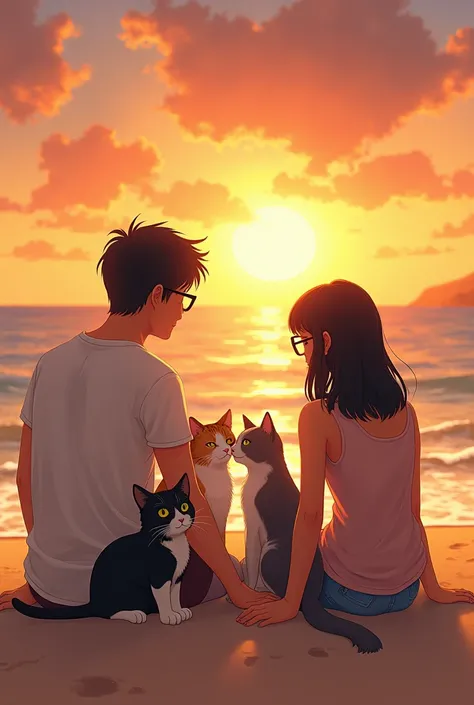 make ai paint 2 couples one guy with black fluffy straight hair and girl with short black hair with glasses sweet sitting on a beach with sunset with their one a tuxedo cat, 1 calico cat and 1 grey fluffy cat