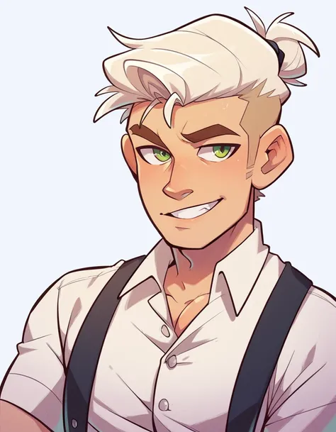 ( cartoon ) ,human Male , whiter Tied  hair Style   , Green pupils    , white shirt Buttons  ,Suspenders 