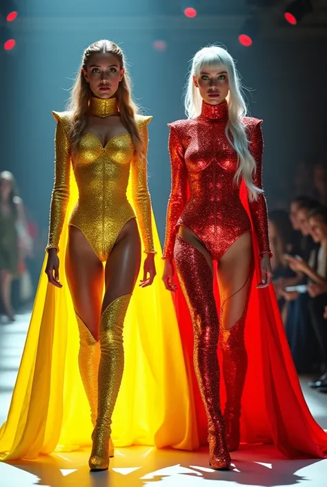 A full body image, In a photorealistic style,  captures a vibrant fashion show .  Two models dazzle as they walk down the runway ,  that evokes the entrance of a spaceship .  The appearance of the models is the following :

**Alina:** A fair-skinned woman ...