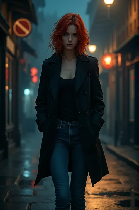 Reddish-haired woman with blue eyes and black coat wearing blue jeans on a dark street with a stalker 