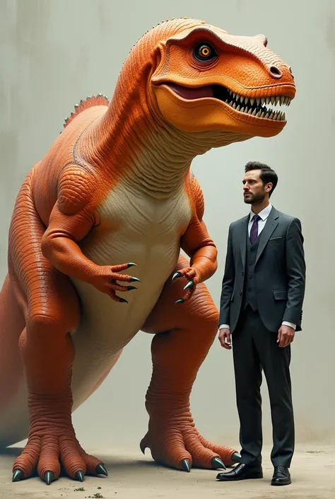 Create me a serious intimidating orange dinosaur next to a male person in elegant clothes like Comic