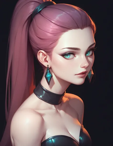 female black strapless top, bare shoulders, racerback, bare toned arms, beautiful faces, magenta ponytail with showing forehead, long ponytail, black earrings, soft smooth skin, pale skin, black background, cyan eyes, sci-fi