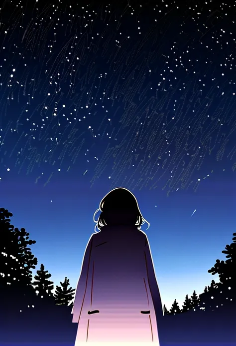 
 Lots of stars are shining in the winter night sky,  Many circular tracks in the long-exposure starry sky , The silhouette of a young woman with long hair、 Im looking up at the sky with my hands in my coat pocket, Photo taken from a distance, Photo from b...