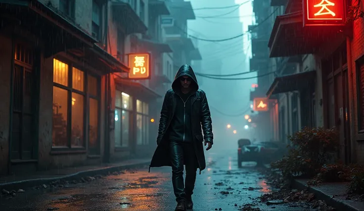 a gritty city street, dark dilapidated buildings, neon signs, rain, puddles, people wearing hoodies and sunglasses, protagonist walking down the street with a determined expression, (best quality,4k,8k,highres,masterpiece:1.2),ultra-detailed,(realistic,pho...