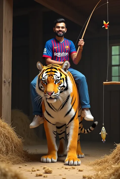 Virat Kohli is sitting on a large tiger in a rustic barn setting. He is wearing a Barcelona cricket jersey, smiling while holding a fishing rod with a carro dangling from it in front of theike tiger face. The tiger looks calm and content. The barns interio...