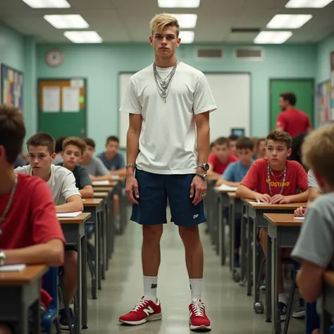 full length view, a Hot blond preppy guy in classroom at school with preppy chic undercut haircut, wearing shorts, white sport socks, red NB sneakers, white t-shirt, silver rings, bracelets, necklaces, looking arrogant. other boys around and teacher look s...