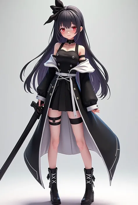 anime girl in a black and white outfit holding a sword ,  A ray-traced image inspired by Jin Homura, pixiv, neo-dada, render of a cute 3D anime girl, April representation,  render of Mirabel Madrigal , octane rendering, octsne render ,   anime vtuber full ...