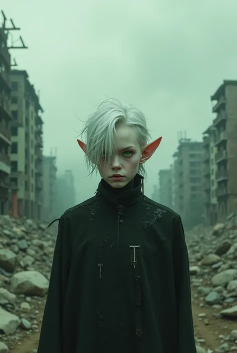 Emo man , grunge, green-eyed, Elf ears,  white skin ,  white hair ,  in the midst of an apocalyptic world