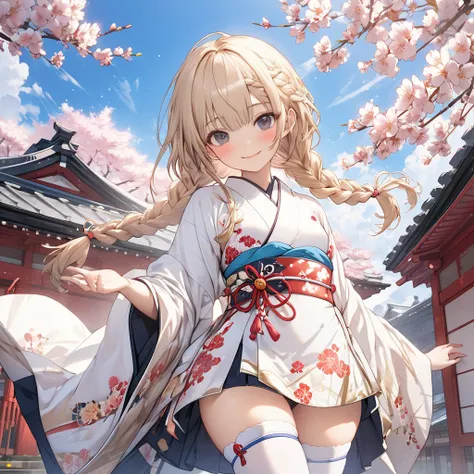 One high school girl、Black Eye、smile、blush、long beige hair、(low twin braids hair:1,5)、(Small breasts:1.5),(white thigh high:1.5)、beautiful thighs, white floral kimono,beckoning,Japanese-style room、cherry blossoms、blue sky,( perfect anatomy ),( best quality...