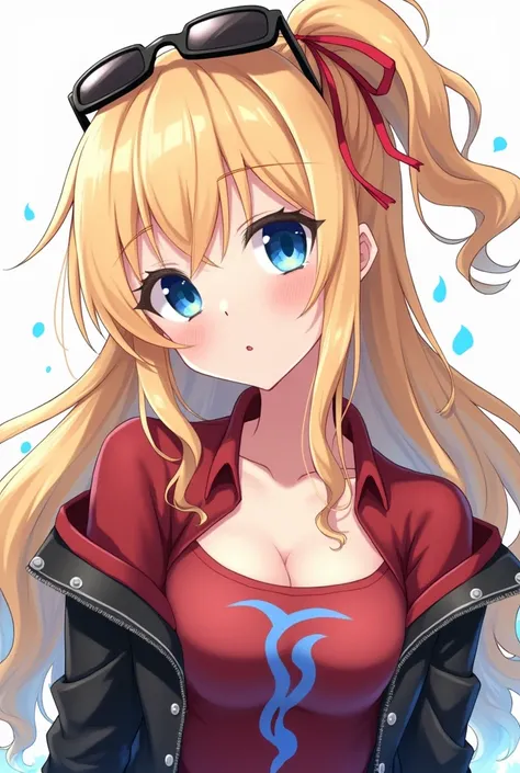  Create a cute anime girl ,  with long wavy blonde hair and a little messy ,  blue eyes,  that has sunglasses on her hair and a red ribbon that holds her hair has made a tail in her hair, a black leather jacket ,  with a red jacket underneath that has a bl...