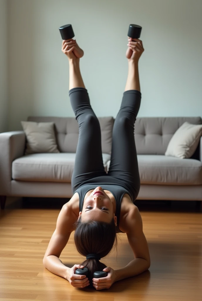 Create a woman training lying on her stomach and on the floor with her arms up in the air with two bottles, one in each hand, and her legs resting on a sofa.