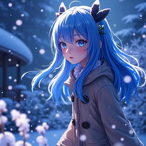 garden, its snowing ,noon, blue haired girl, blue eyes,long sleeve coat, Proximity Method