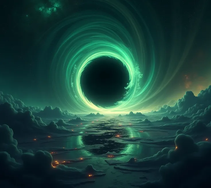  universe with colors in gradient with black and green, a black hole in the background and reflections 