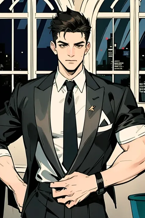 (absurdres, highres, ultra detailed), (1 male, solo, adult, mature:1.4, aged up:1.4, old age, tall muscular guy, broad shoulders, handsome), very short hair, black hair, pomade, brown eyes, (angular jaw:1.4, thick neck:1.4, thick eyebrows:1.4), BREAK, nigh...