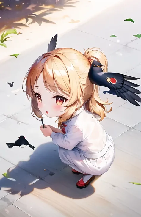 (  Its high definition  ，  best quality， masterpiece :1.2),  ((Write the shadow of a bird flying on the ground:1.3))，Baby kitsune，  1 girl,   smaller，cute， Professional Photoshoot ，Angle from above