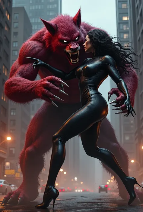 Giant Red hulk werewolf vs spider woman black suit