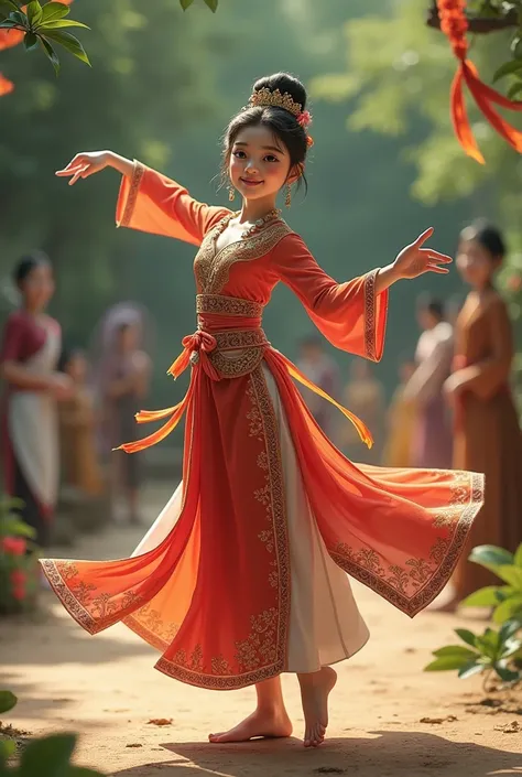 Muk wears traditional Phu Thai clothing and dances according to the steps Noi taught her.