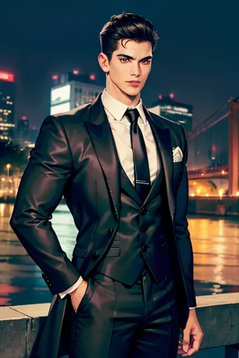 (absurdres, highres, ultra detailed, realistic, ), 1 male, solo, adult, mature, tall muscular guy, broad shoulders, handsome, very short hair, black hair, brown eyes, angular jaw, thick neck, thick eyebrows, night, dark, the night view of the city backgrou...