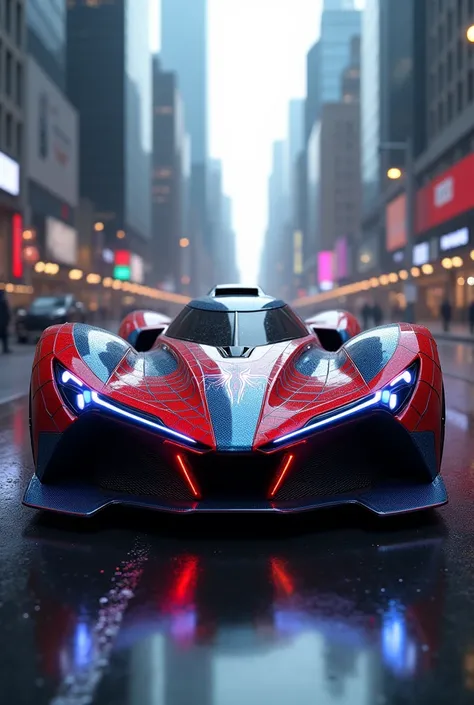 . Imagine and design a futuristic vehicle with details inspired by the spiders web and the classic colors of Spider-Man. The design should reflect speed , agility and power, , incorporating iconic Marvel hero elements , , such as the Spider-Man logo and pe...