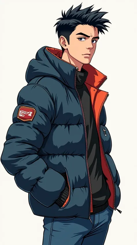  Japanese man、24 years old、Aggressive type、naughty 、Short length、short quiff hairstyle、standing collar のダウンジャケット、tightなダウンジャケット、tight、 athletes、 shiny down jacket、Full body illustration、 manly、Cool and sporty 、 down jacket collar standing、 shinyダウンジャケット、Cl...