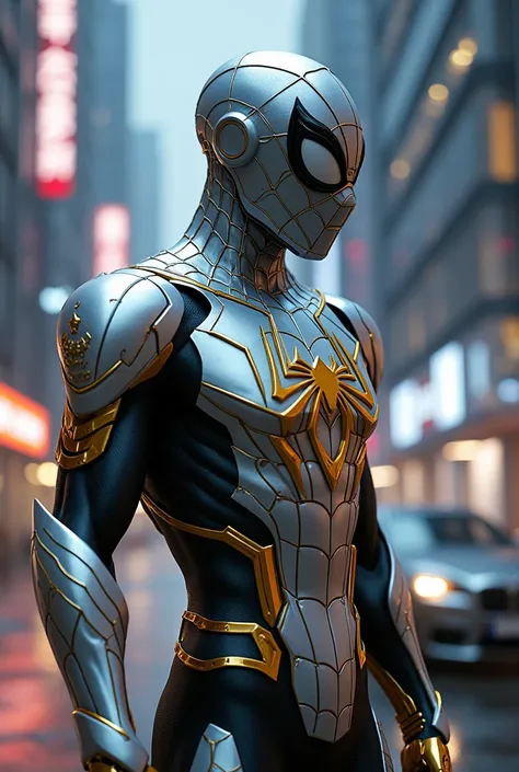 Spider-man in ultra 4K hyper-Realistic wallpaper, Songoku intricate sleek metallic armor which combines the style of anime Warframe, anime cyberpunk, Valorant, a apex legend. Futuristic fantasy style heavy armor suit, The armor must be dominantly metallic ...