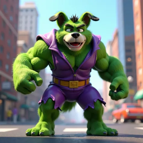 An anthropomorphic dog dressed as The Hulk. 3D animation. Disney Pixar style