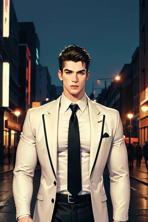 (absurdres, highres, ultra detailed, realistic, ), 1 male, solo, adult, mature, tall muscular guy, broad shoulders, handsome, very short hair, black hair, brown eyes, angular jaw, thick neck, thick eyebrows, night, dark, the night view of the city backgrou...