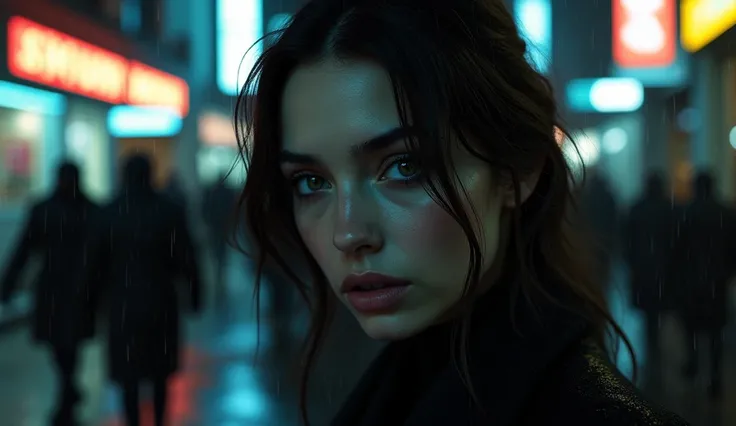 a close up detailed portrait of a mysterious woman, beautiful detailed eyes, beautiful detailed lips, extremely detailed eyes and face, longeyelashes, looking directly at camera, city street at night, dark gritty urban setting, crowds of shady figures in b...