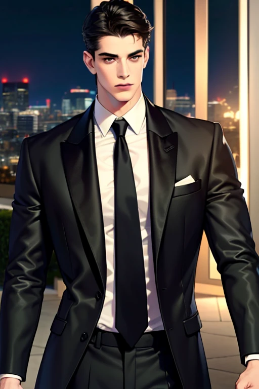 (absurdres, highres, ultra detailed, realistic, ), 1 male, solo, adult, mature, tall muscular guy, broad shoulders, handsome, very short hair, black hair, brown eyes, angular jaw, thick neck, thick eyebrows, night, dark, the night view of the city backgrou...