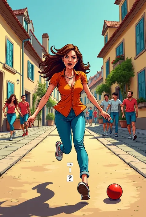 Image of a woman playing petanque in comic book version