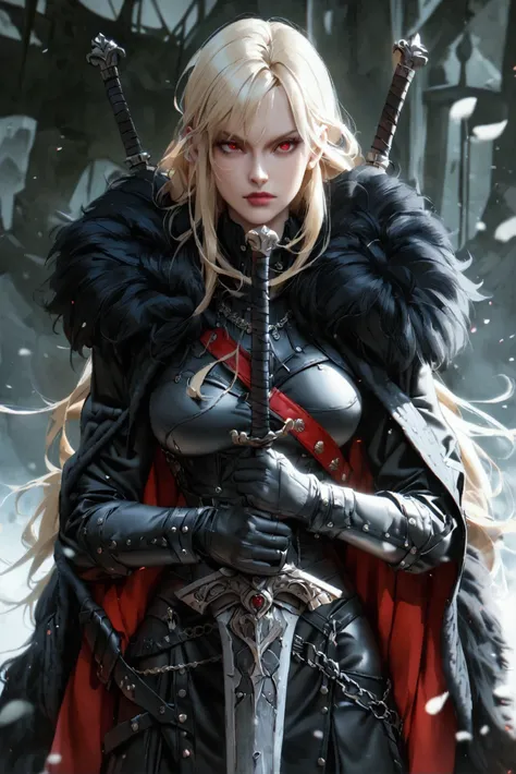  A Nordic woman , high, strong, muscular,  with long blond hair ,  red eyes and a large fur coat accompanied by dark clothes and black boots, with a big sword behind his back and an authoritarian pose.  All black clothes ,  with no sword on the front of th...