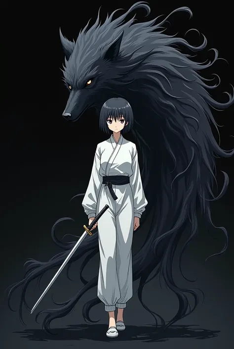 anime, 30 year old girl wearing a simple white full body jumpsuit with short black hair holding a katana and a powerful epic black aura in the shape of a wolf with black energy tendrils surrounding her plain, black background, epic anime style