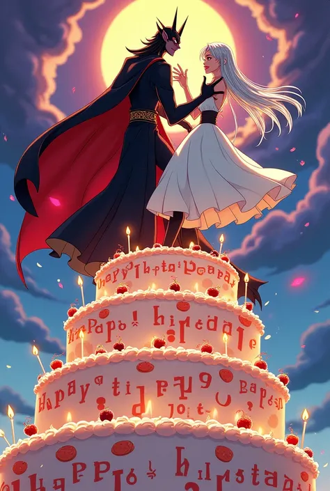 Make me a Disney style cartoon with the characters of Jujutso Kaisen Ryomen Sukuna and Satoto Gojo dancing on top of a birthday cake 
With the words happy birthday João 