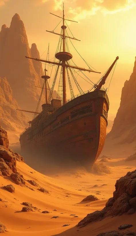 A once-mighty ship lies broken and half-buried in the golden sands of a desolate desert. Its rusted metal hull and shattered mast are surrounded by towering sand dunes. The sky is painted in warm orange hues of a setting sun, with faint desert winds creati...