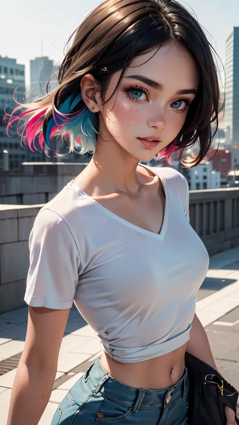 (best quality, masterpiece, colorful, highest detailed:1.3) adorable face, upper body photo, fashion photography, in high detailed casual wear: shirt, cargo pants, (detailed skin texture), (light smile:0.3), radiant skin, (city background:1.3), (intricate ...