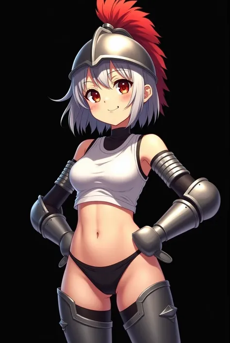 a smug physically thick young short tanned small-sized girl with short silver hair and red eyes with a medieval knight helmet with a red feather and medieval full arm gauntlets and big tights leggings and a short tank top white t-shirt exposing her belly a...