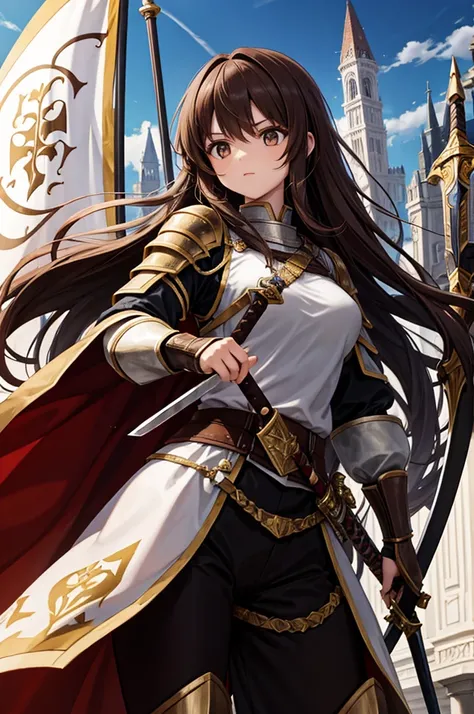 female knight with long brown hair wielding a banner and sword