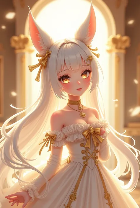 Female anime character with delicate, detailed features, long voluminous white hair adorned with golden accessories, and animal ears, dressed in a white gown with golden details, richly decorated with bows and buttons, in a luxurious palace setting with go...