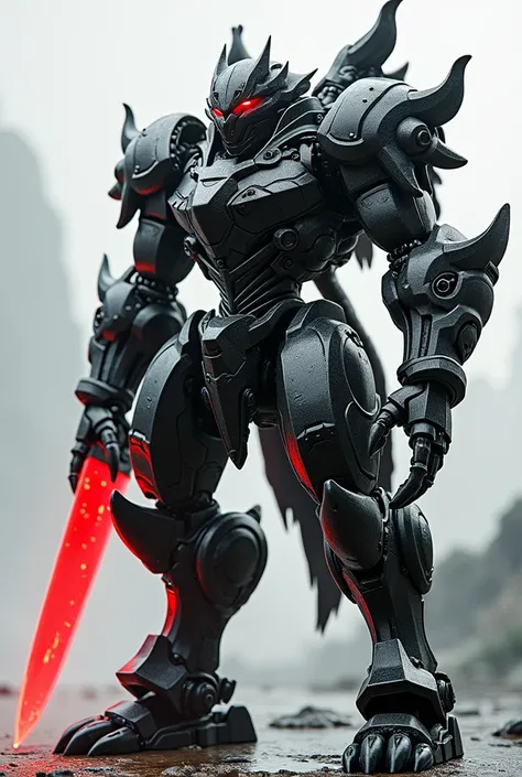 (Best quality,Ultra-detailed,Realistic:1.37),Black and white mech,wolf helmet,Claw weapons,Heavy armor,Mechanical details,Shiny metal surface,Red glowing eyes,clear background ,scifi concept art,High-contrast colors,Sharp shadows,Dramatic lighting,red swor...