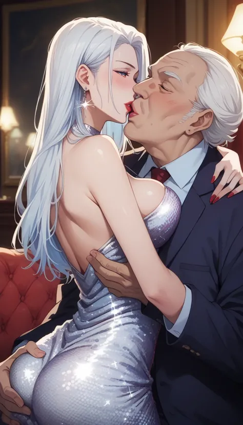 Hot beautiful mei mei hugging with fat ugly old man,red lipstick, big long sequin Earrings,  , white hair , detailed, blue eyes , 
, big rounded breasts , Cleavage , blush ,sequin dress , groping  ass,kiss

