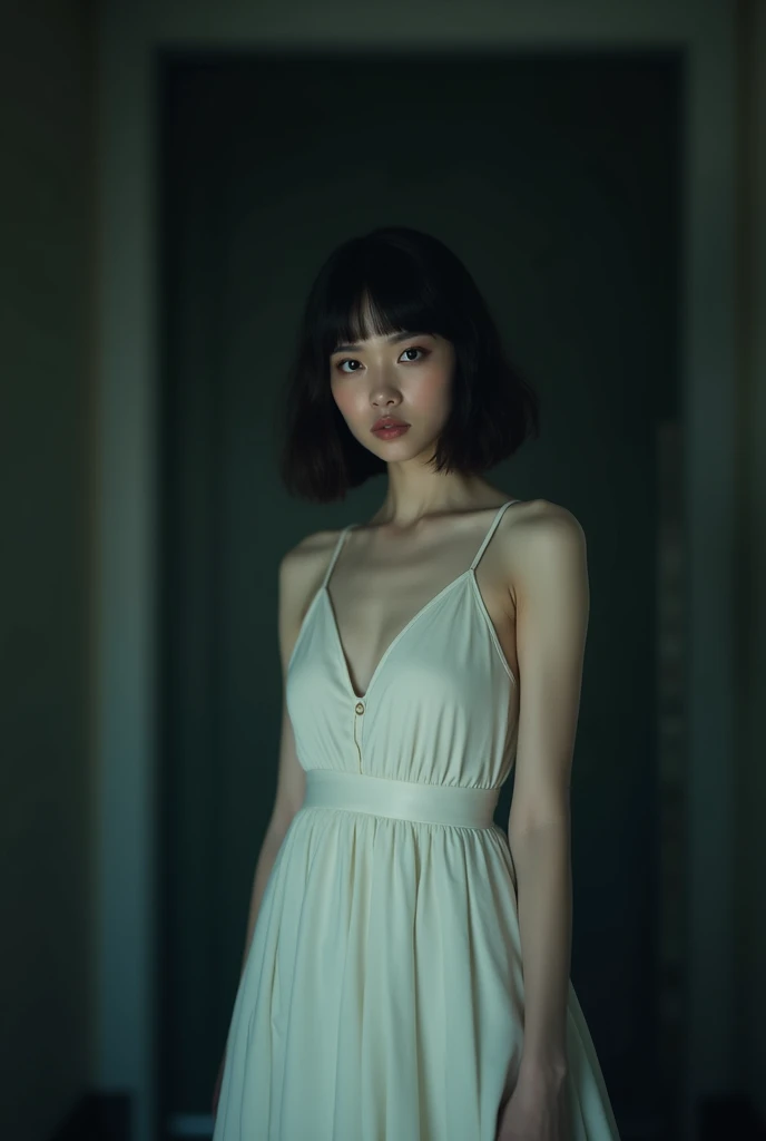 My girlfriend in a white dress, bob haircut,  horror movie 