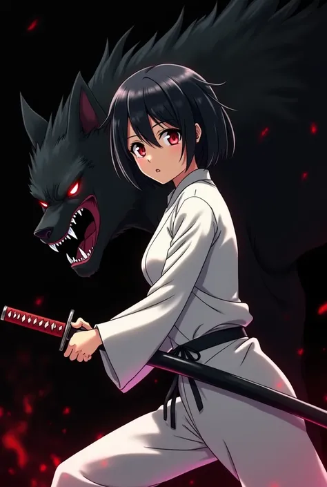 anime, 30 year old girl wearing a simple white full body jumpsuit with short black hair holding a katana while doing a powerful forward slash creating the image of a black intimidating werewolf with red eyes, black background, epic anime style