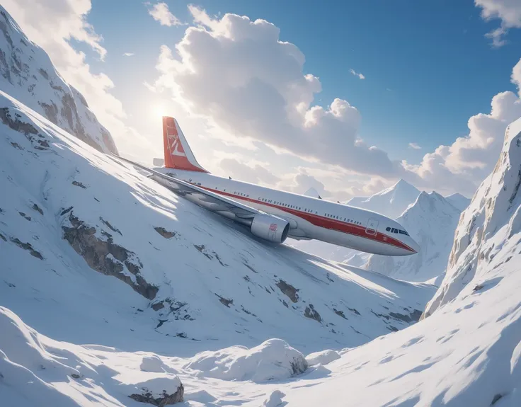  generates an image of a crashed plane in mountains of snow with an environment of strong winds