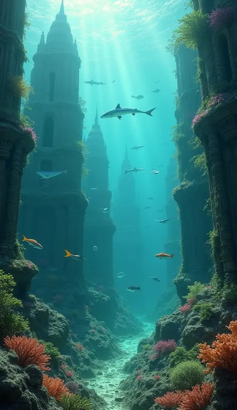 The ruins of a vast city submerged deep underwater, with skyscrapers and ancient statues covered in coral and seaweed. Rays of sunlight penetrate the turquoise water, casting dramatic shadows on the structures. Schools of colorful fish swim through the bro...